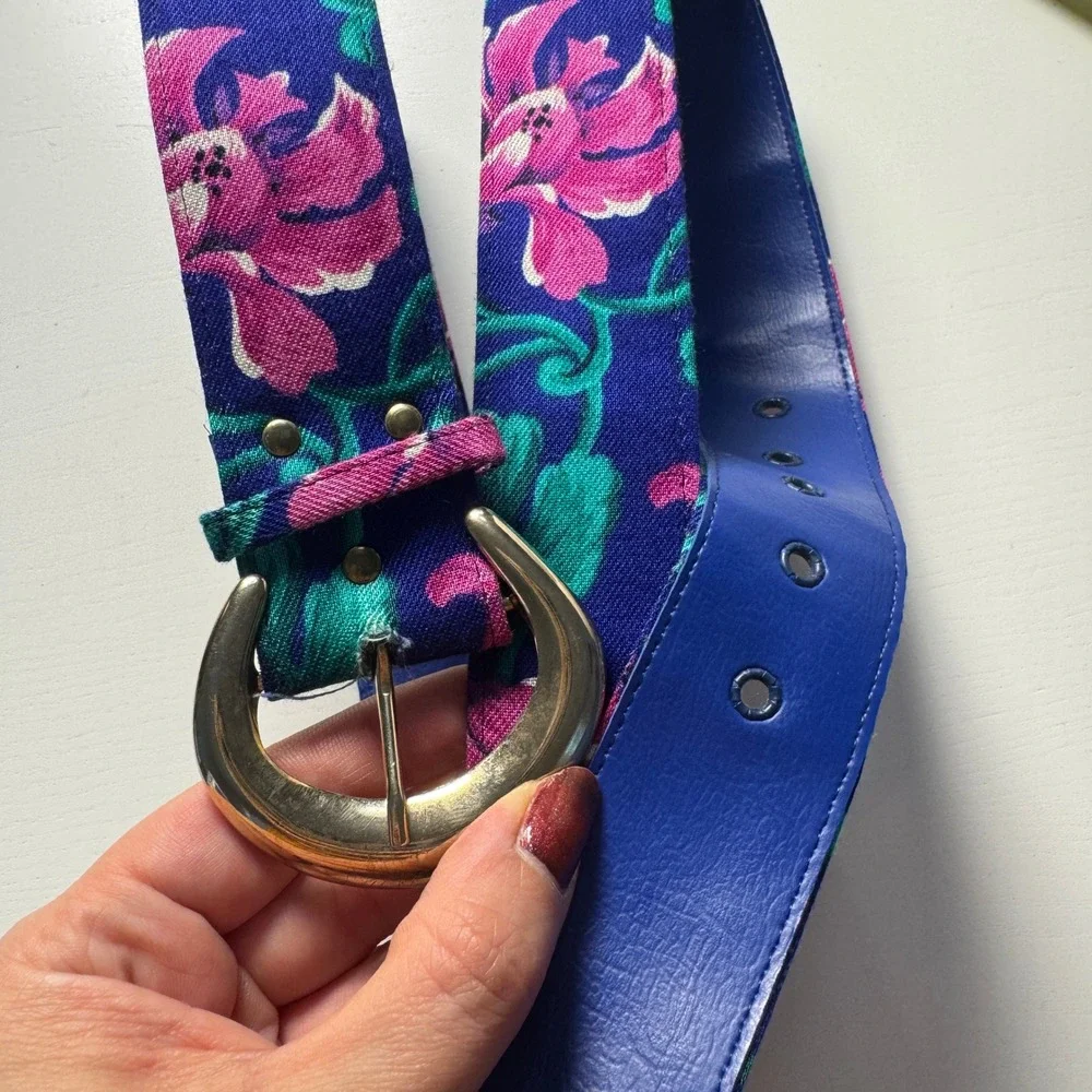 Vtg 80s Blue Floral Wide Waist Fabric Belt Gold Buckle Pink Botanical Maximalist